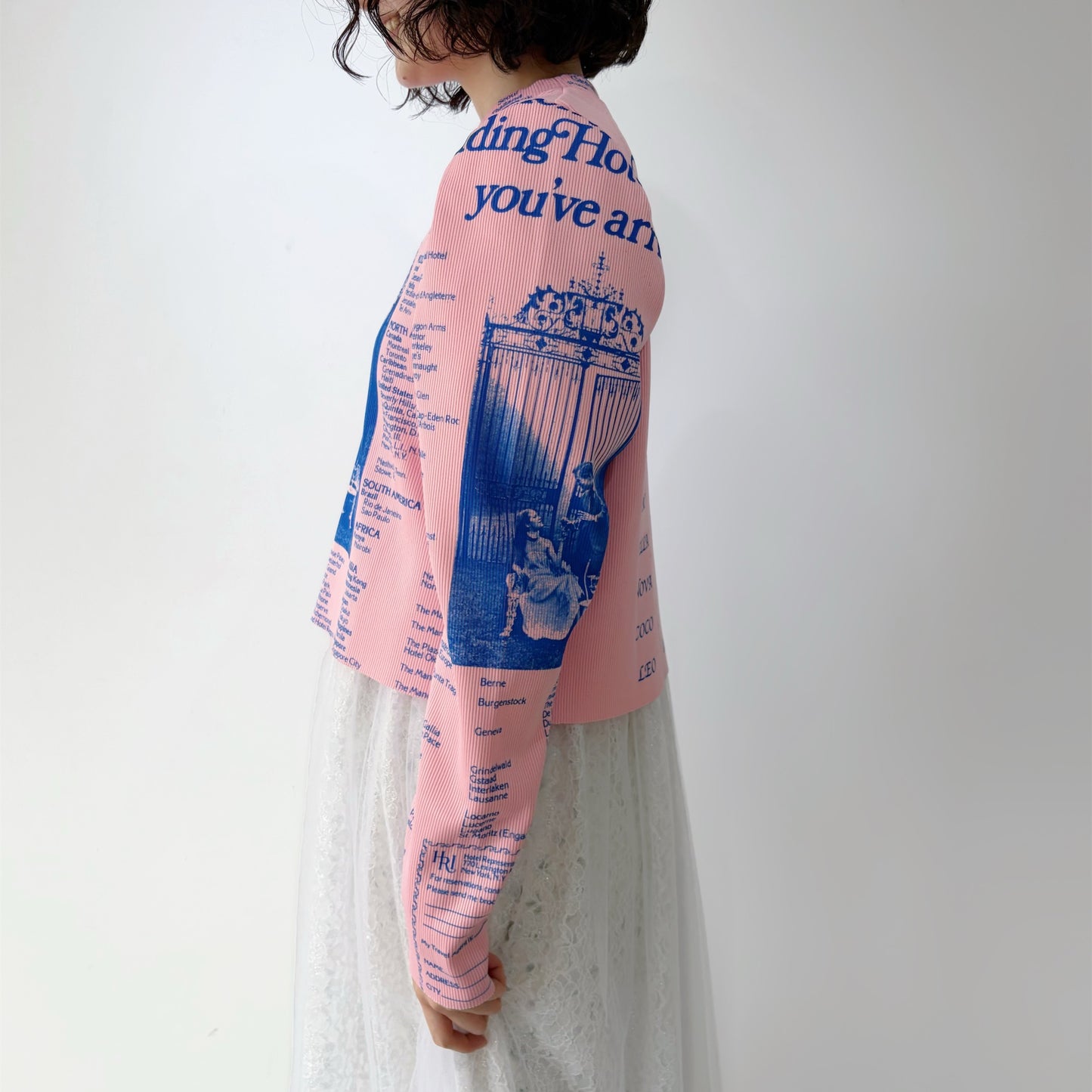 PRINT RIB PUFF SLEEVE CUTSEW / PINK /プリントリブパフスリーブカットソー