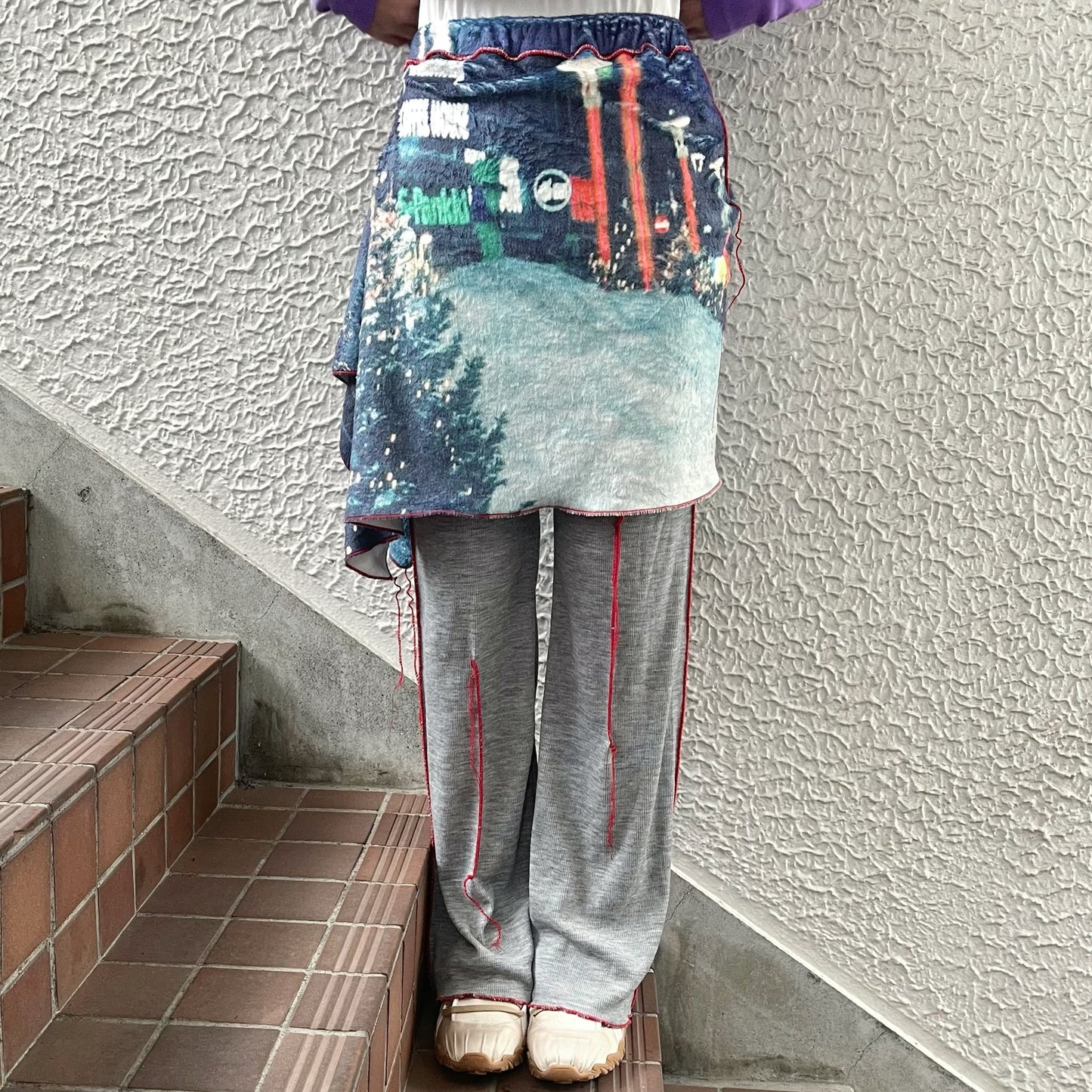 print fur pants with skirt / snow / プリントファー スカート付きパンツ