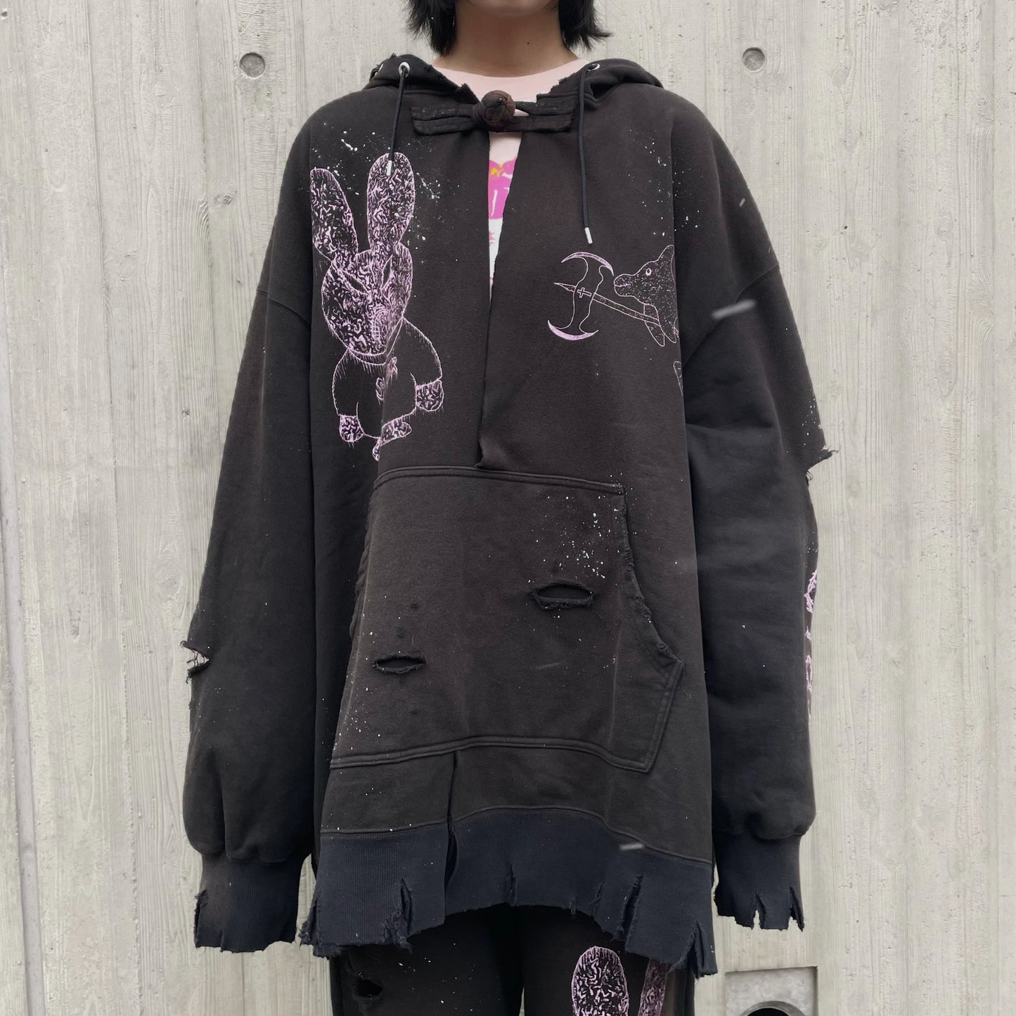 DESTROYED BUNNY HOODIE BIOSTONE WASHED DAMAGE STAIN PROCESSED / BLACK / うさ耳フーディー