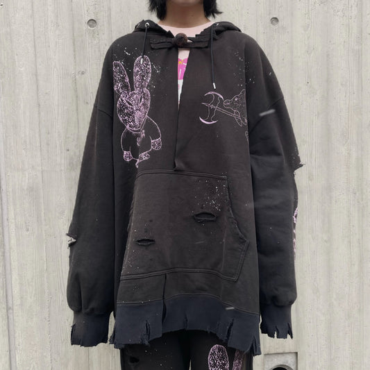 DESTROYED BUNNY HOODIE BIOSTONE WASHED DAMAGE STAIN PROCESSED / BLACK / うさ耳フーディー