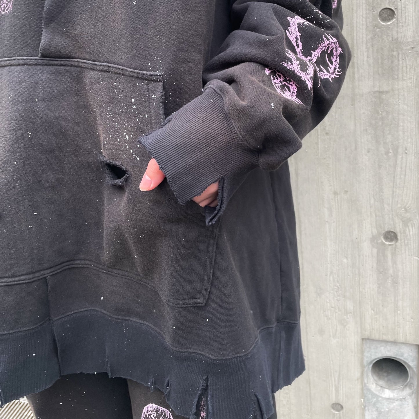 DESTROYED BUNNY HOODIE BIOSTONE WASHED DAMAGE STAIN PROCESSED / BLACK / うさ耳フーディー