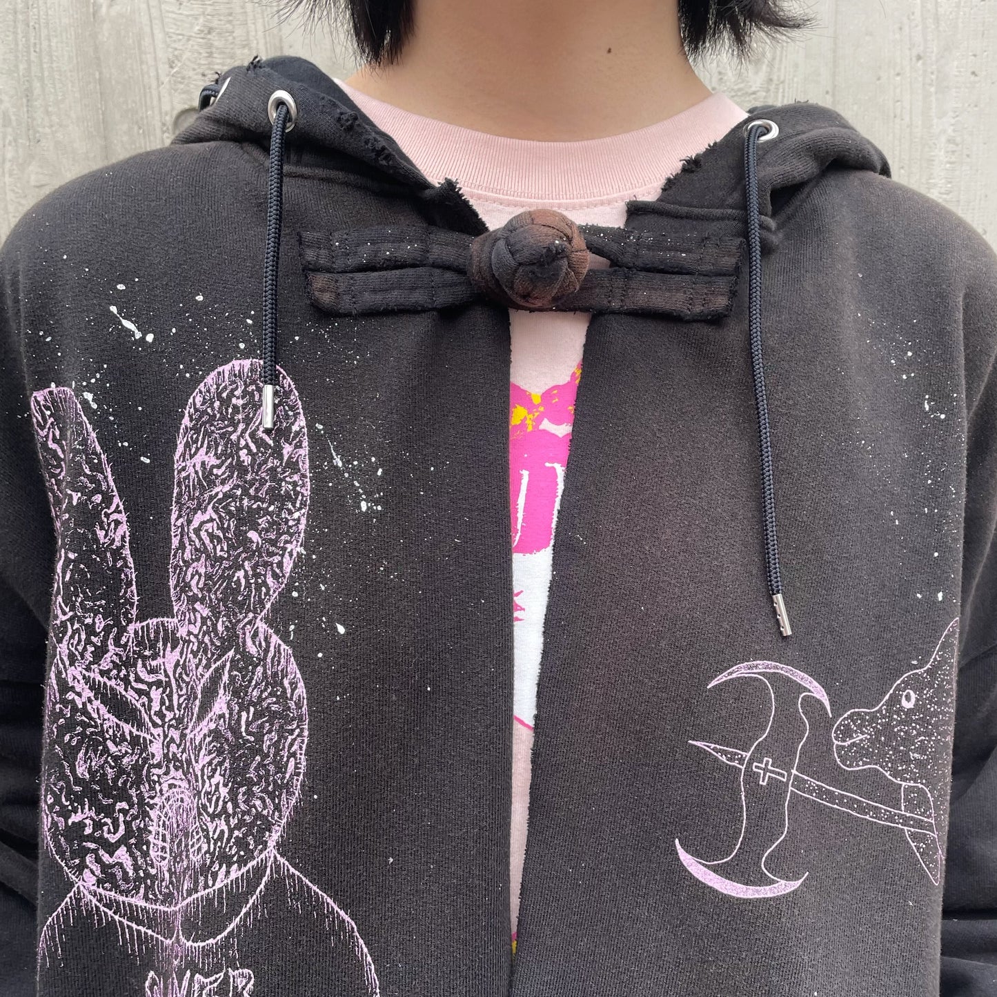 DESTROYED BUNNY HOODIE BIOSTONE WASHED DAMAGE STAIN PROCESSED / BLACK / うさ耳フーディー