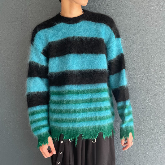 MOHAIR BORDER KNIT / BLACK × SKY BLUE × GREEN / モヘアボーダーニット