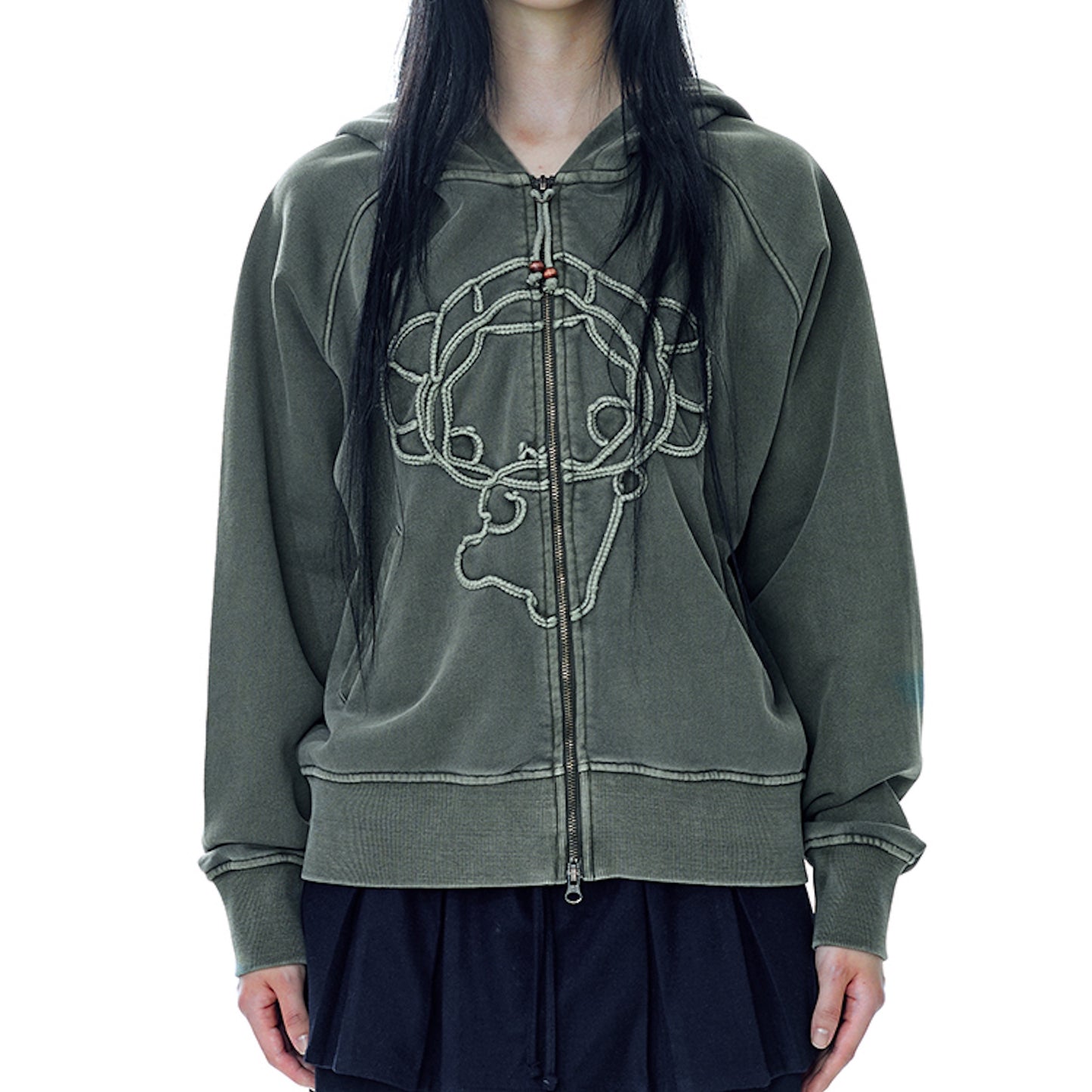 VINTAGE TAPE HOOD ZIP UP / KHAKI / キャラクターフードジップアップ