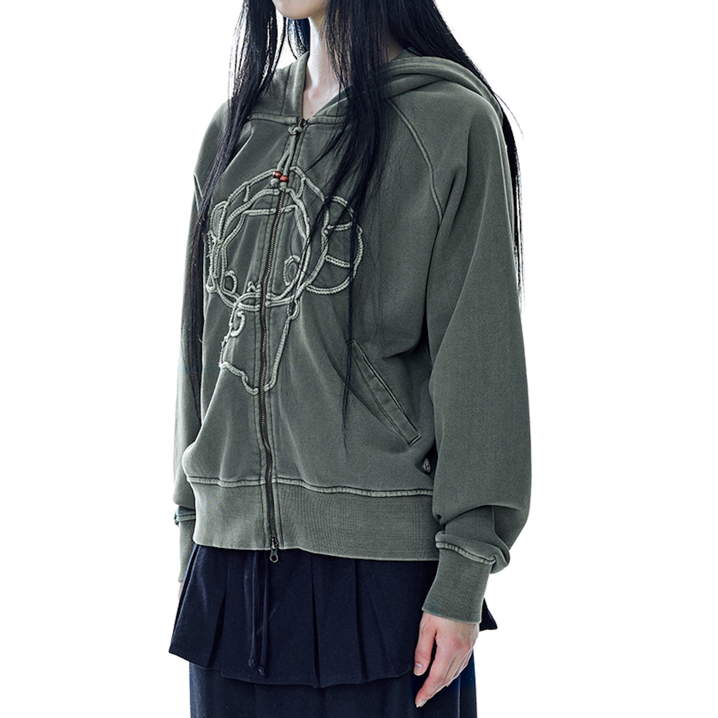 VINTAGE TAPE HOOD ZIP UP / KHAKI / キャラクターフードジップアップ