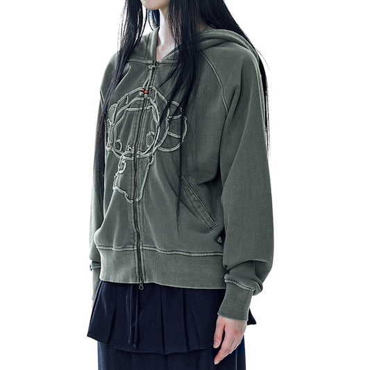 VINTAGE TAPE HOOD ZIP UP / KHAKI / キャラクターフードジップアップ