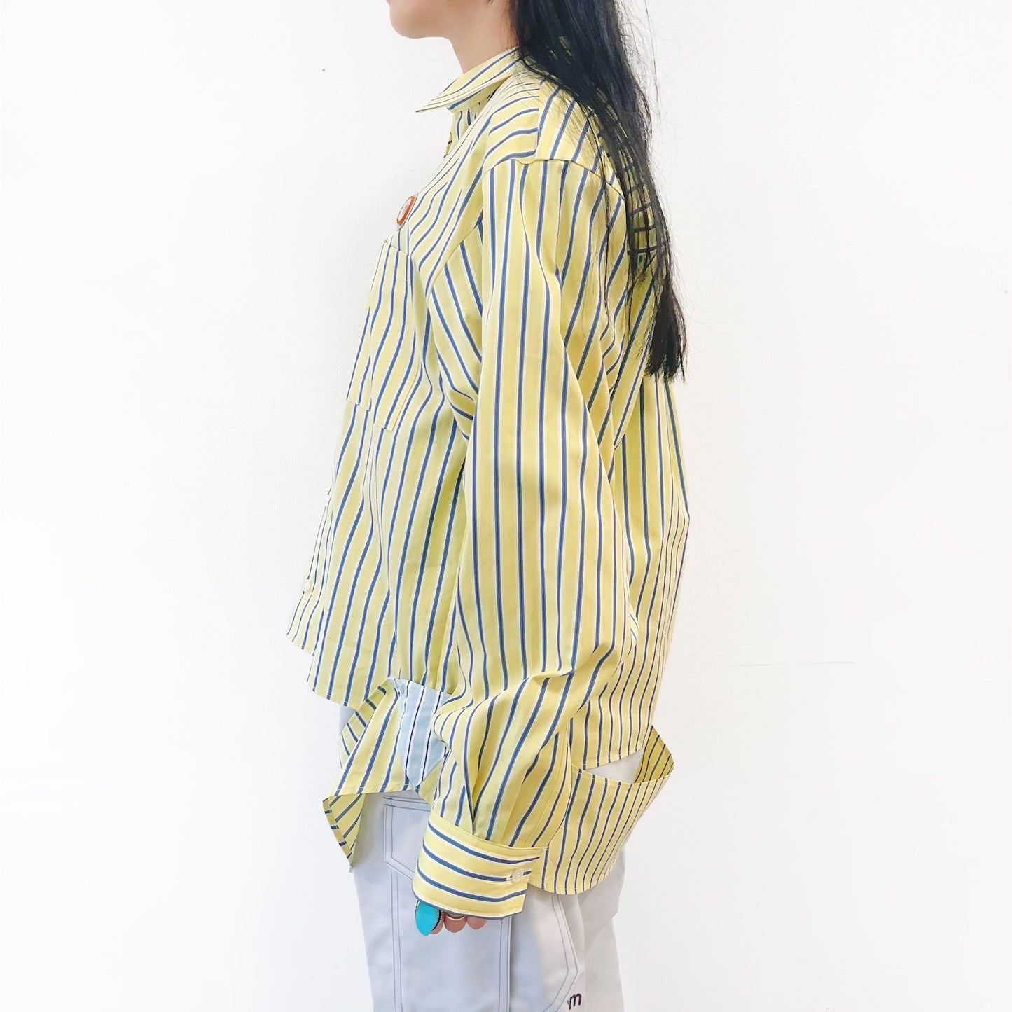 kotohayokozawa 幾何学模様 シルク長袖シャツ LAYERED SHIRT / YELLOW / ストライプレイヤードシャツ | シープ