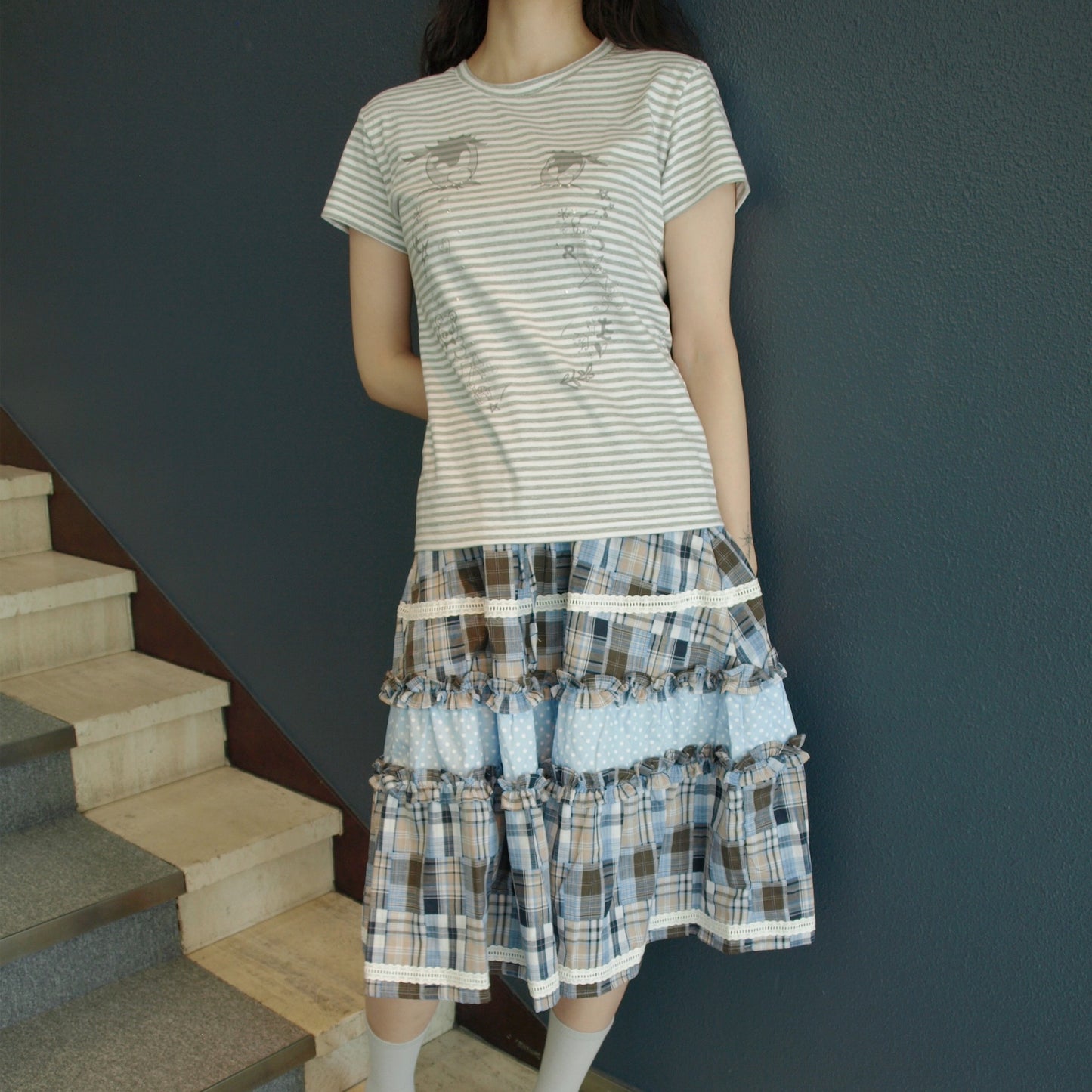 Lace Trim Ruffled Check Skirt / Blue / チェックフリルスカート