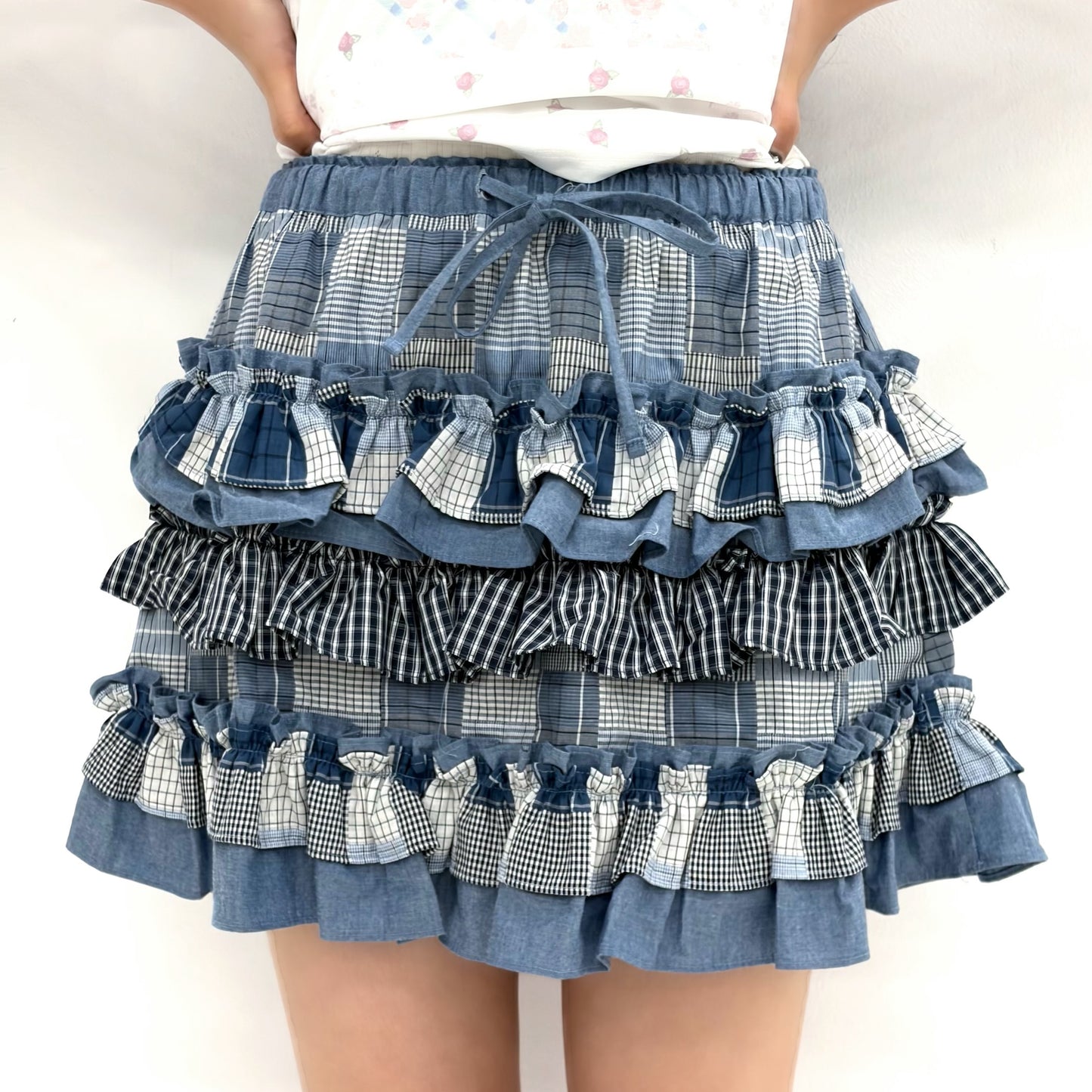 Mixed Fabric Tiered Skirt / Blue / チェックフリルミニスカート