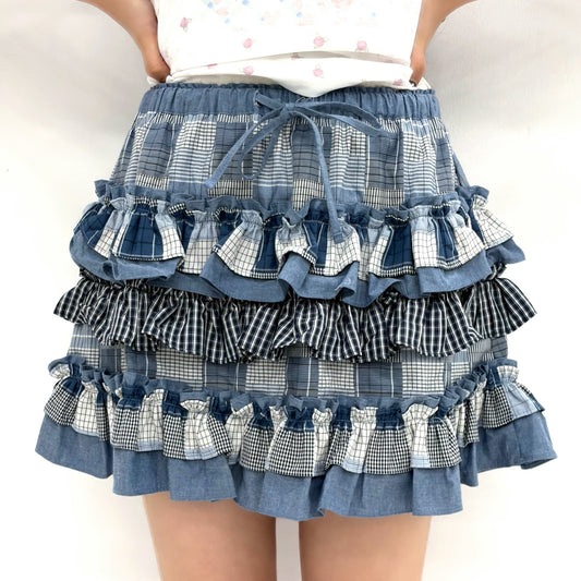 Mixed Fabric Tiered Skirt / Blue / チェックフリルミニスカート