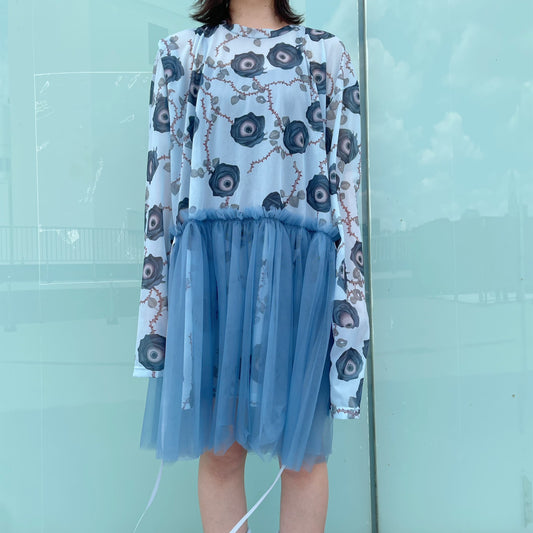 SYMBIOSIS LONG  SLEEVE SHEER DRESS ARTWORK BY TREVOR BROWN / ASH BLUE / フード付きシアードレス