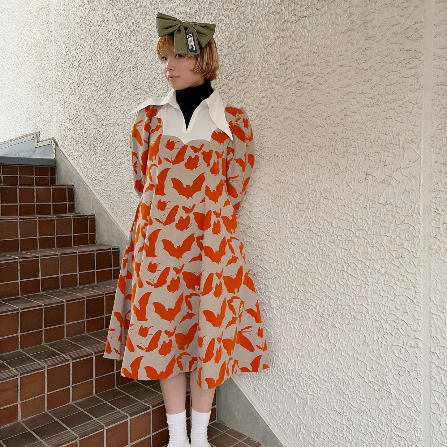 FAKE LAYERED FLOCKY ONE PIECE / BEIGE x ORANGE / フェイクレイヤードフロッキーワンピース