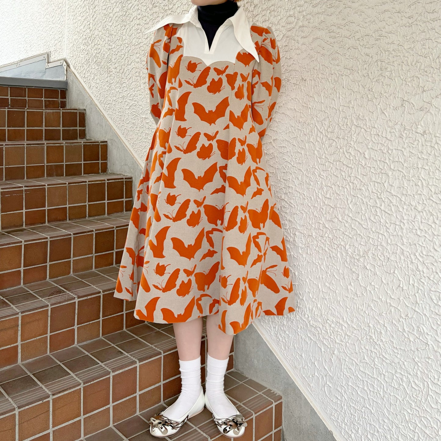 FAKE LAYERED FLOCKY ONE PIECE / BEIGE x ORANGE / フェイクレイヤードフロッキーワンピース