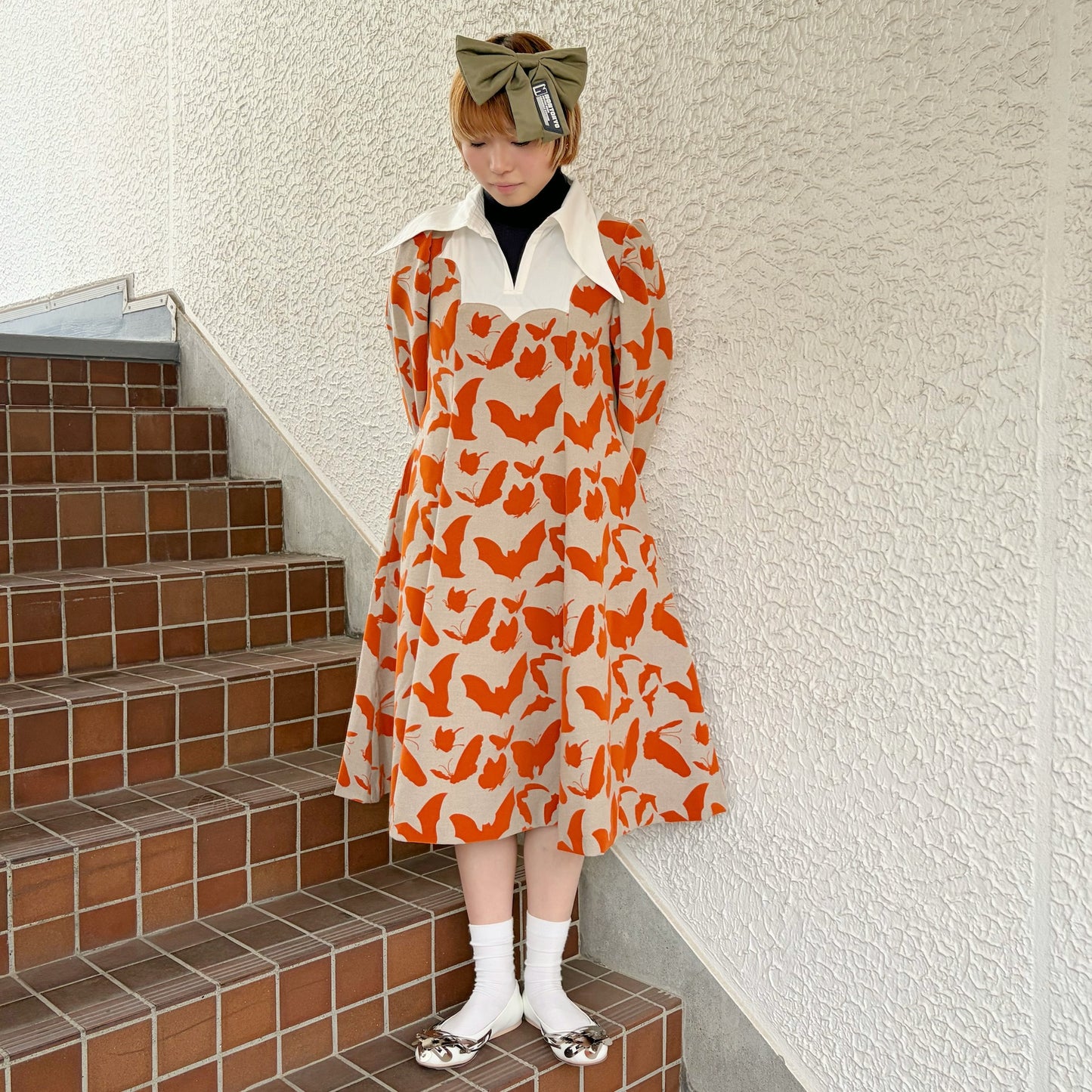 FAKE LAYERED FLOCKY ONE PIECE / BEIGE x ORANGE / フェイクレイヤードフロッキーワンピース