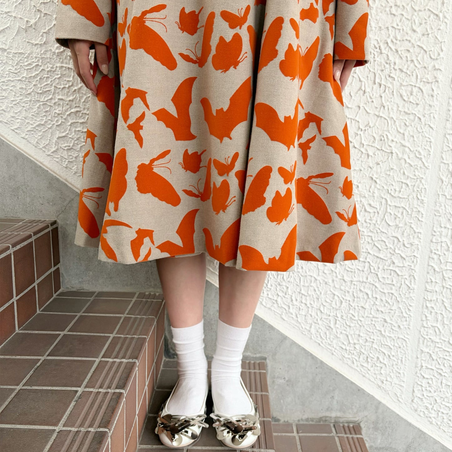 FAKE LAYERED FLOCKY ONE PIECE / BEIGE x ORANGE / フェイクレイヤードフロッキーワンピース
