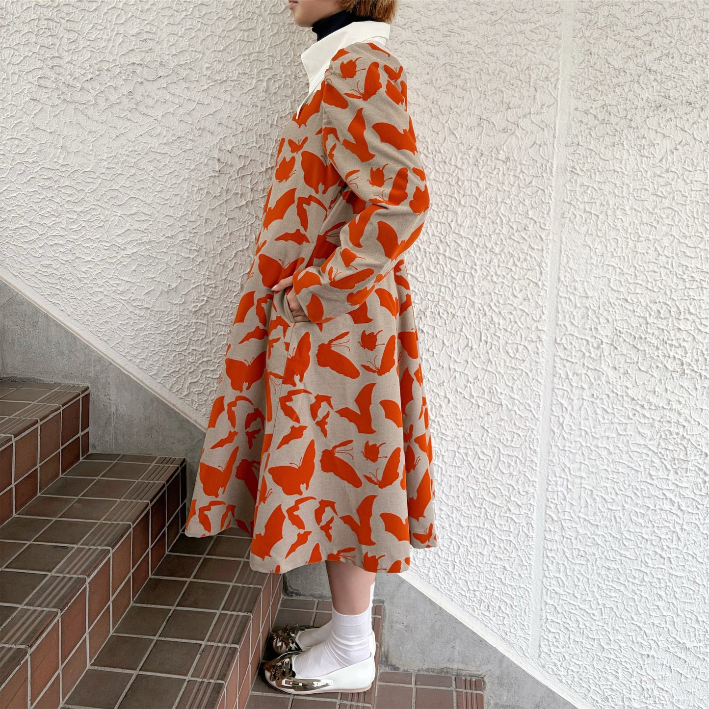 FAKE LAYERED FLOCKY ONE PIECE / BEIGE x ORANGE / フェイクレイヤードフロッキーワンピース