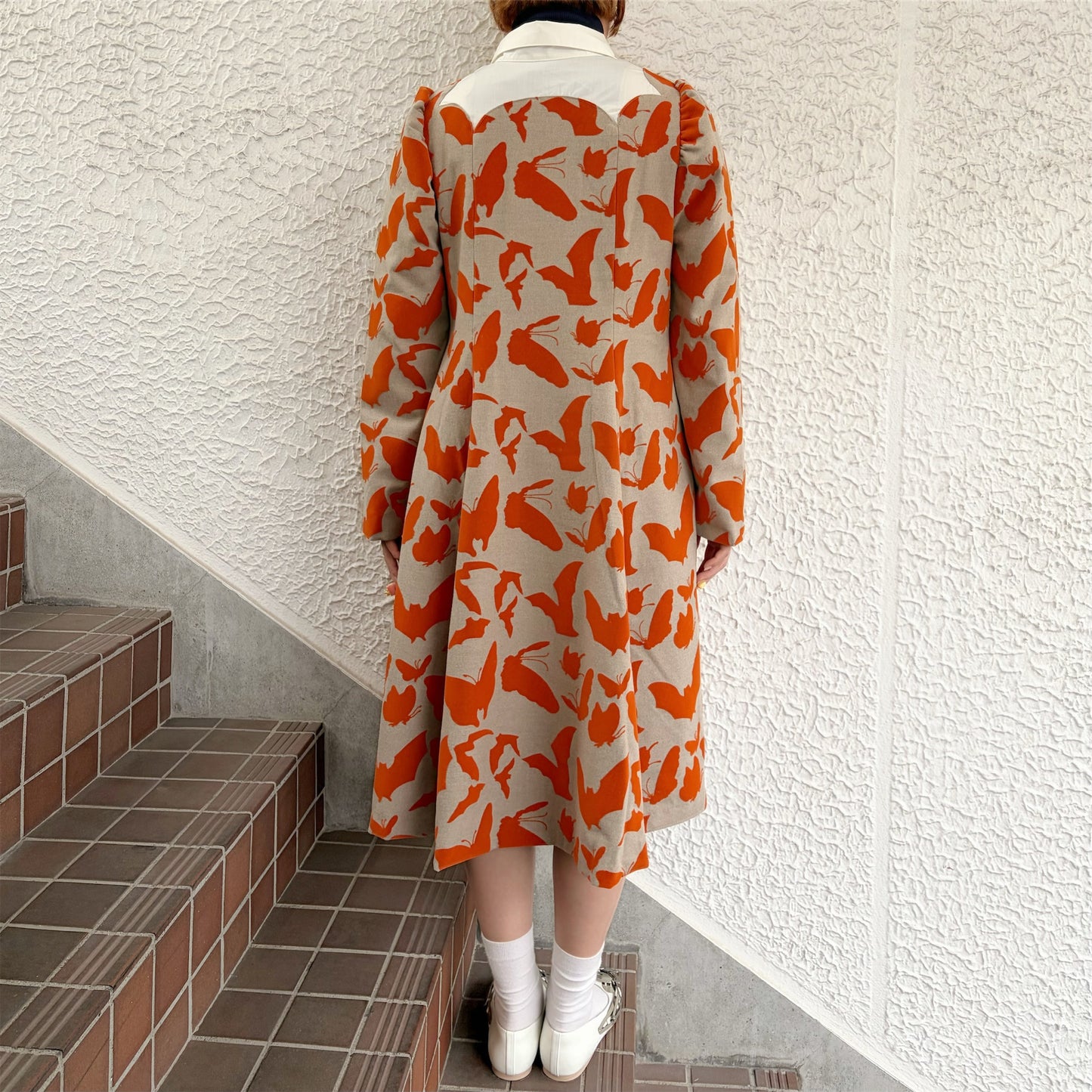 FAKE LAYERED FLOCKY ONE PIECE / BEIGE x ORANGE / フェイクレイヤードフロッキーワンピース
