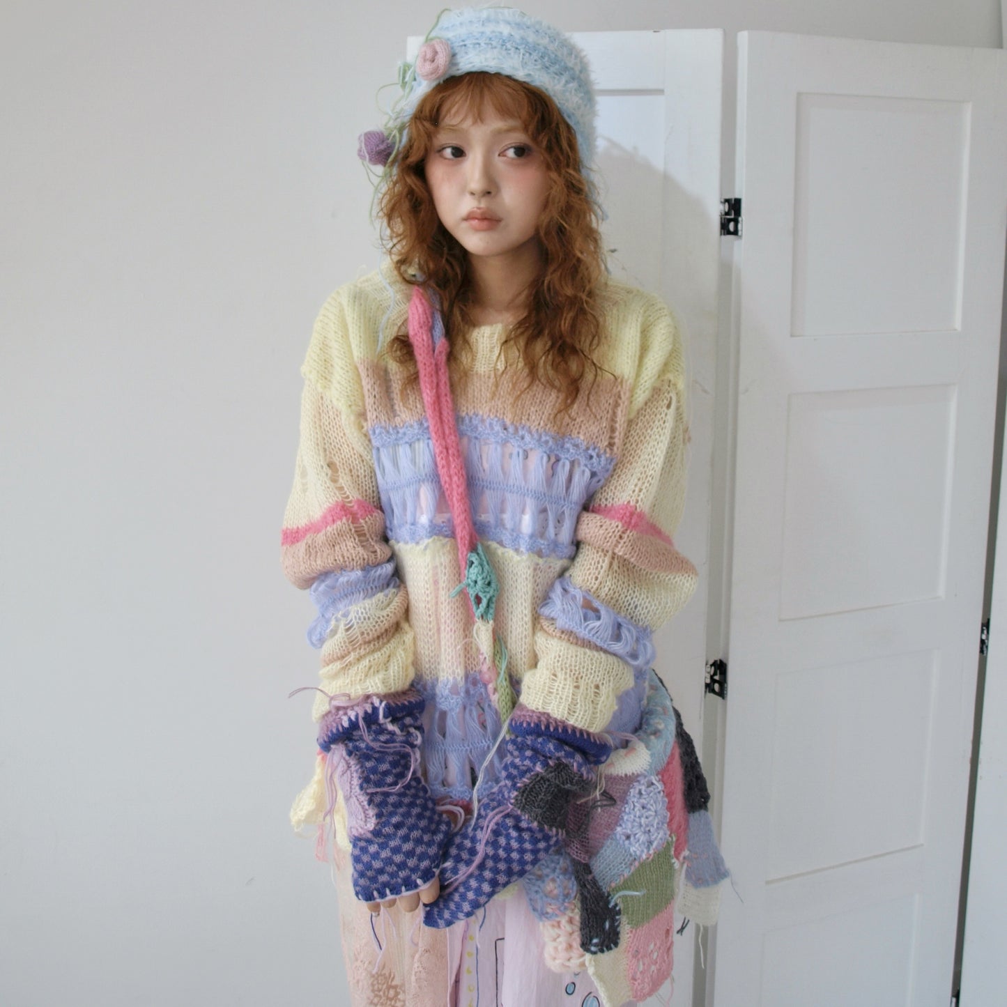 Flower knit hat / Blue / フラワーニットハット