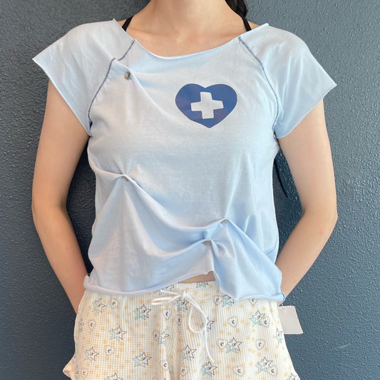 [F.E.E.S] button up zodiac half T-shirt / sky blue / ボタンアップTシャツ