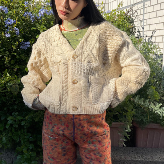 SWITCHING KNIT CARDIGAN / OFF WHITE / プリントフィッシャーマンニット