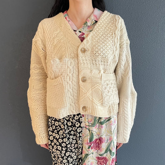 SWITCHING KNIT CARDIGAN / OFF WHITE / プリントフィッシャーマンニット