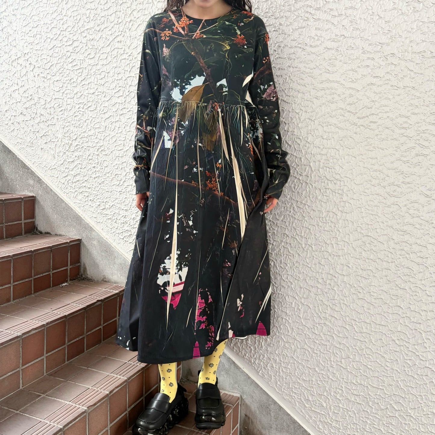 DIRECT PRINT RIB GATHER ONE-PIECE / TREE / ダイレクトプリントリブギャザーワンピース