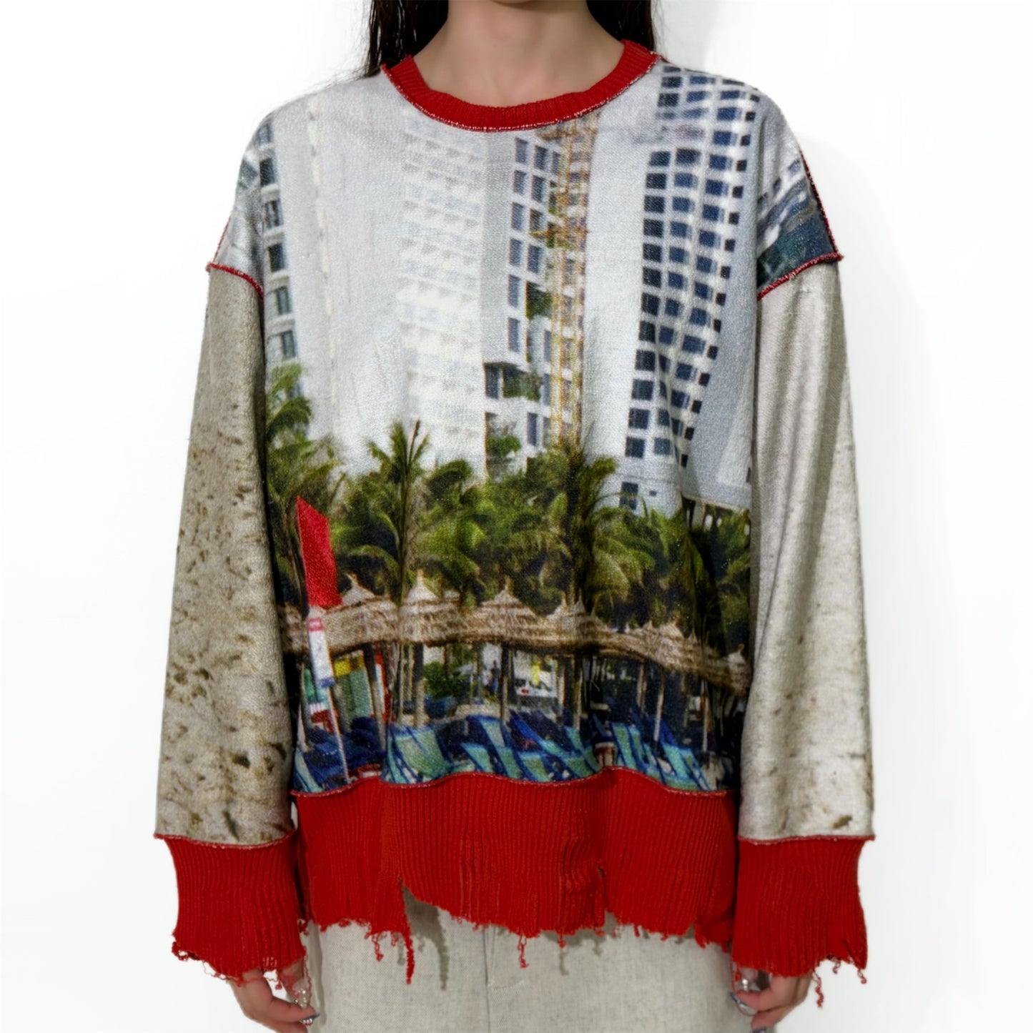 print sweat rib top / beach - red / プリントスウェットリブトップ