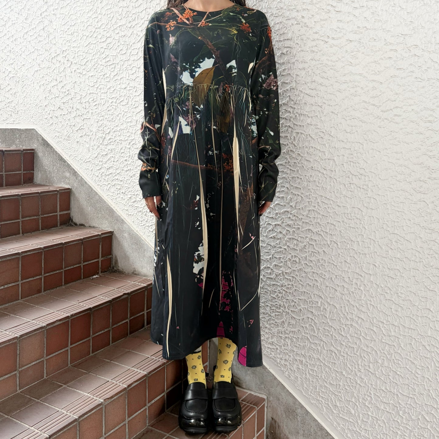 DIRECT PRINT RIB GATHER ONE-PIECE / TREE / ダイレクトプリントリブギャザーワンピース