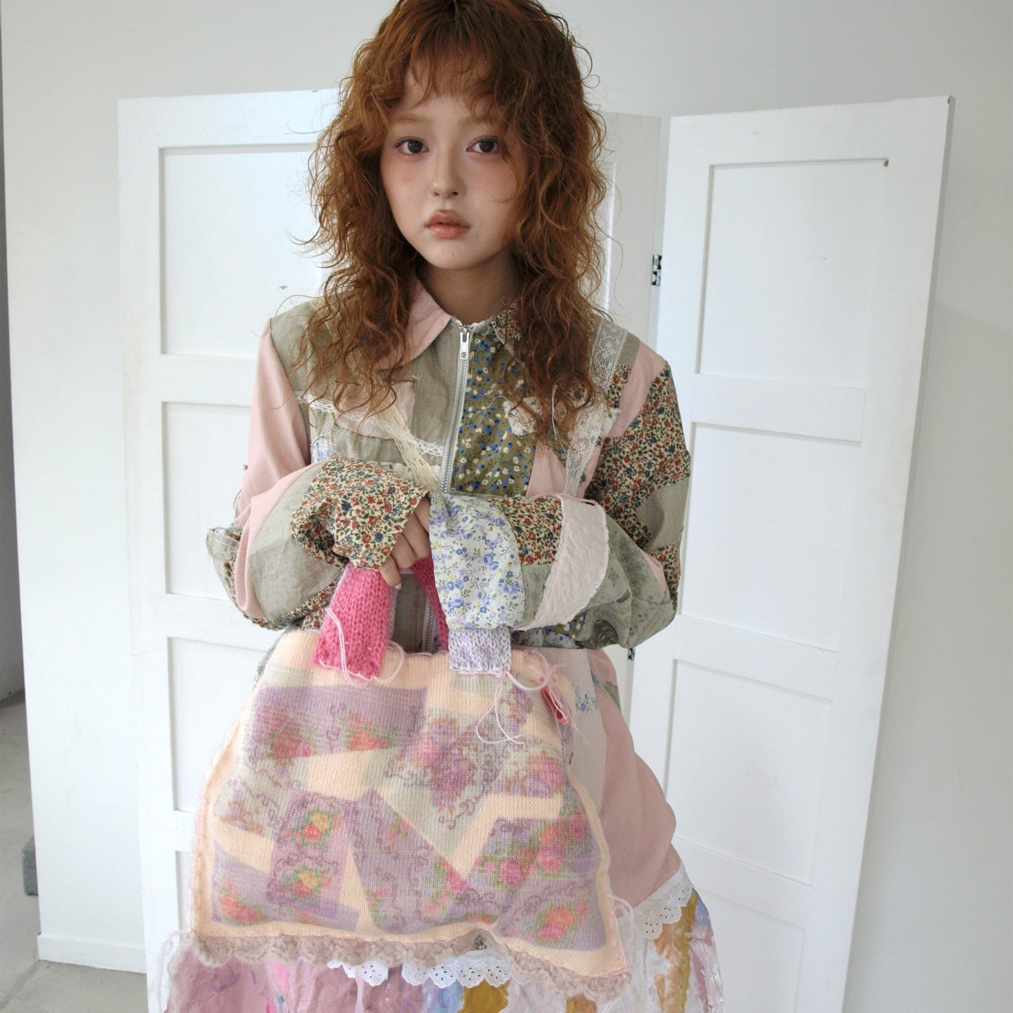 print knit bag / Pink / プリントニットバッグ