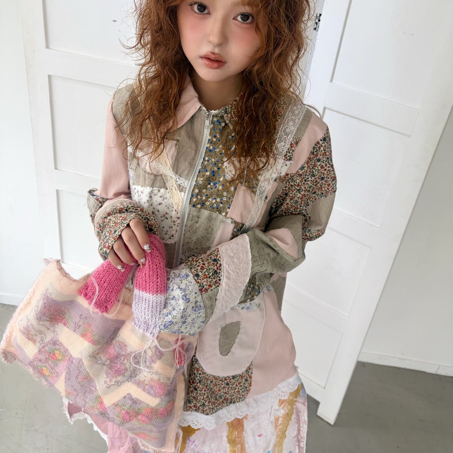 print knit bag / Pink / プリントニットバッグ