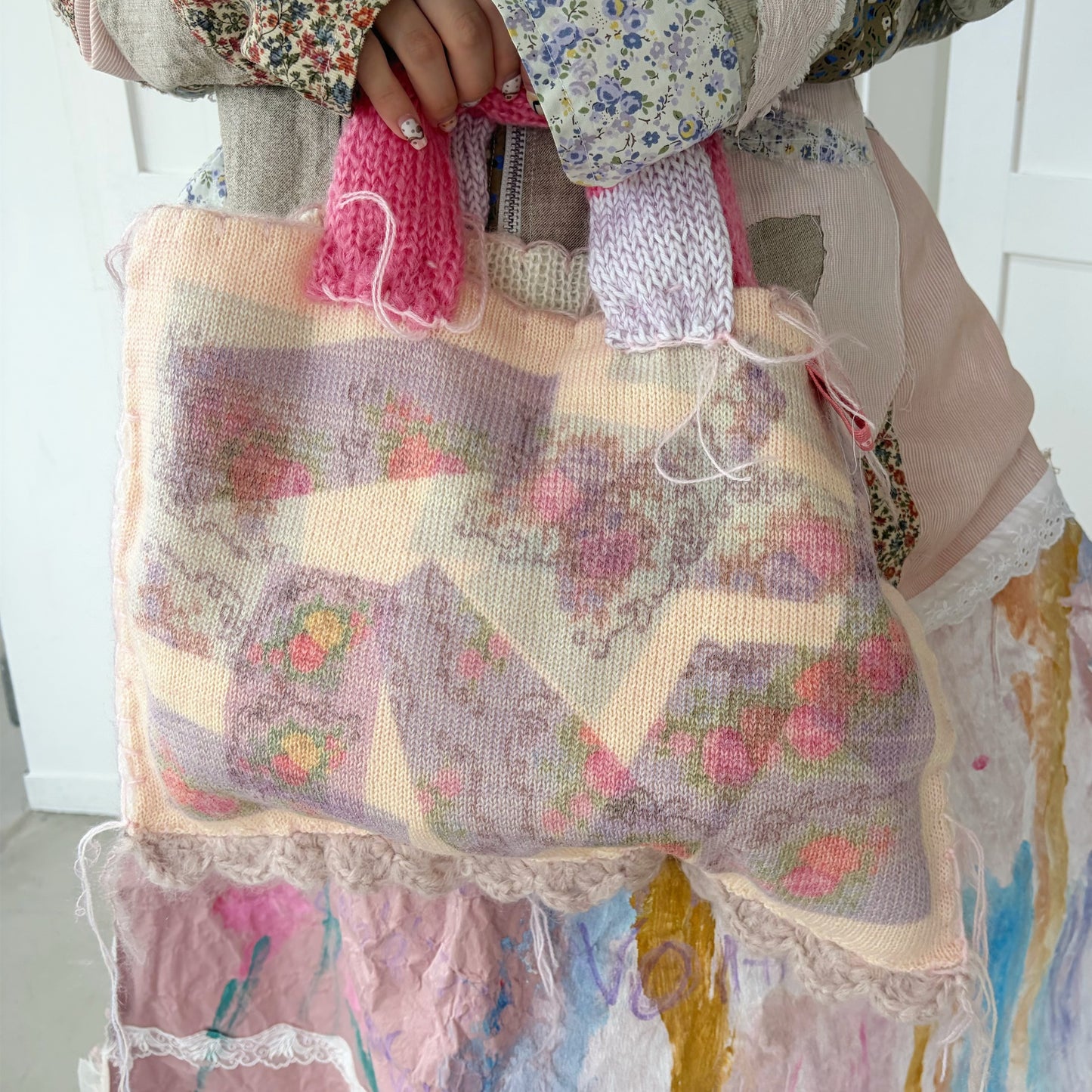 print knit bag / Pink / プリントニットバッグ