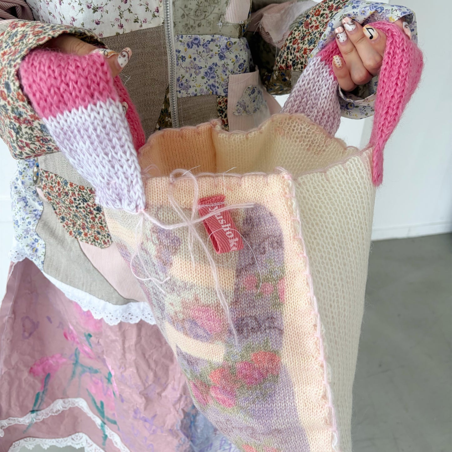 print knit bag / Pink / プリントニットバッグ