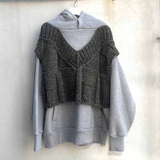 Uncle knit mix foodie / GRAY × BROWN / 裏毛ニットドッキングフーディー