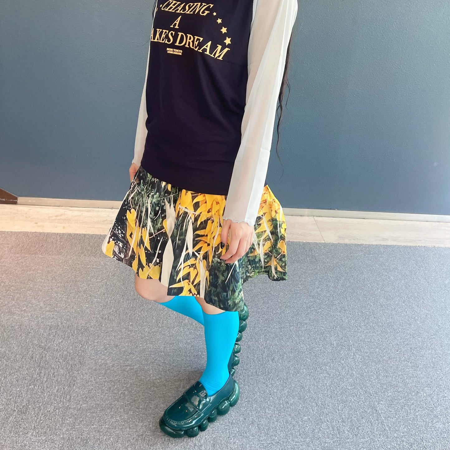DIRECT PRINT RIB GATHER MINI SKIRT / YELLOW WOOD / ダイレクトプリントリブギャザーミニスカート