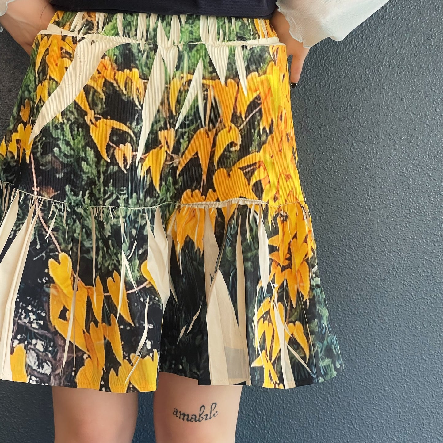 DIRECT PRINT RIB GATHER MINI SKIRT / YELLOW WOOD / ダイレクトプリントリブギャザーミニスカート