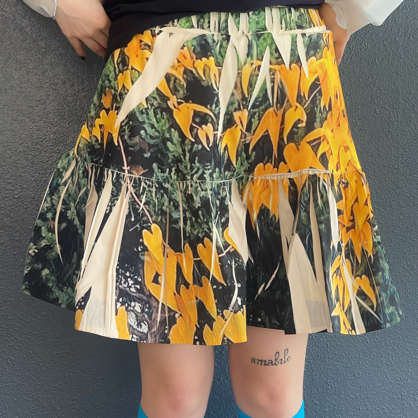 DIRECT PRINT RIB GATHER MINI SKIRT / YELLOW WOOD / ダイレクトプリントリブギャザーミニスカート