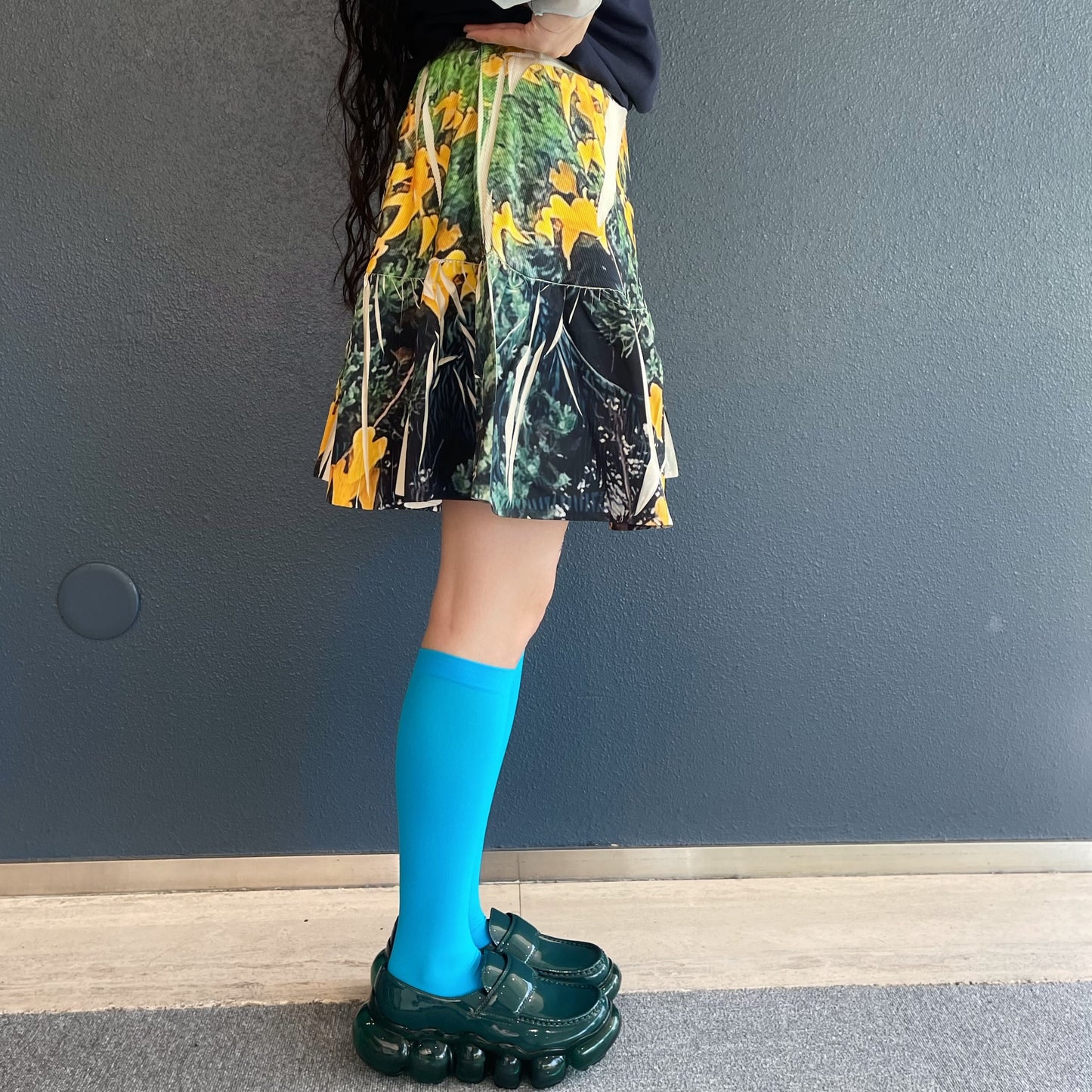 DIRECT PRINT RIB GATHER MINI SKIRT / YELLOW WOOD / ダイレクトプリントリブギャザーミニスカート