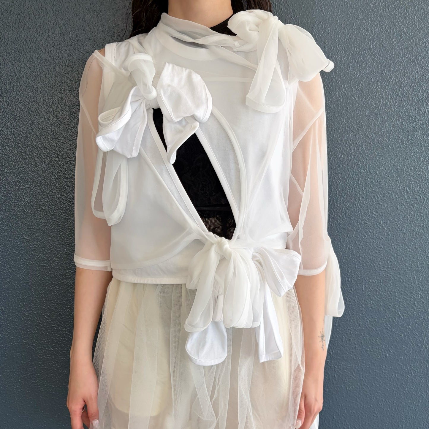 Sheer ribbon top / White / シアーリボントップ