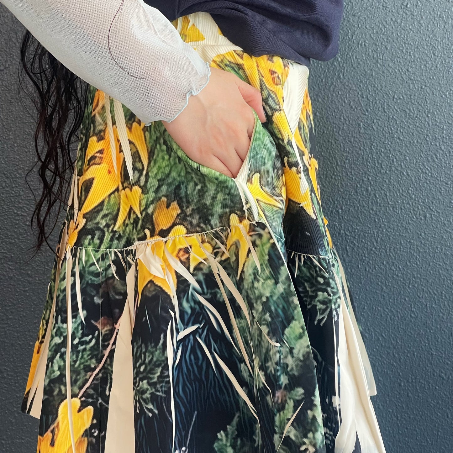 DIRECT PRINT RIB GATHER MINI SKIRT / YELLOW WOOD / ダイレクトプリントリブギャザーミニスカート