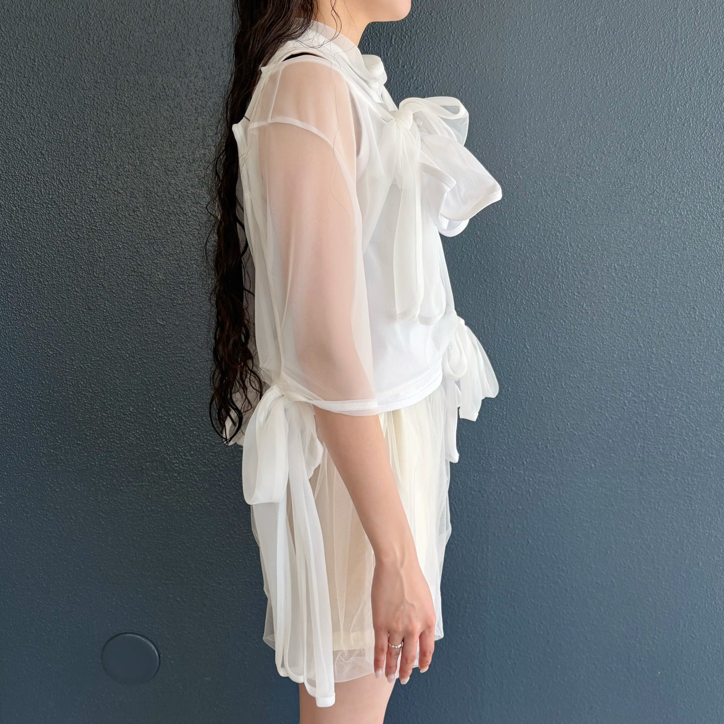 Sheer ribbon top / White / シアーリボントップ