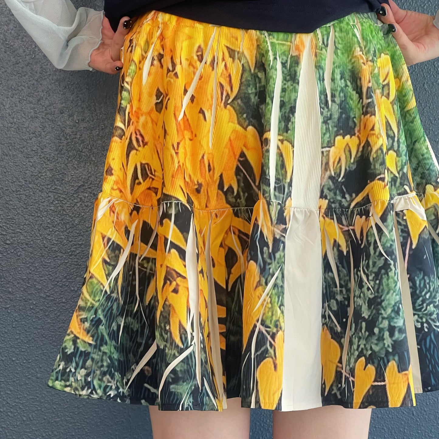 DIRECT PRINT RIB GATHER MINI SKIRT / YELLOW WOOD / ダイレクトプリントリブギャザーミニスカート