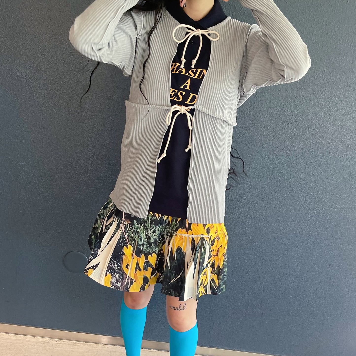DIRECT PRINT RIB GATHER MINI SKIRT / YELLOW WOOD / ダイレクトプリントリブギャザーミニスカート