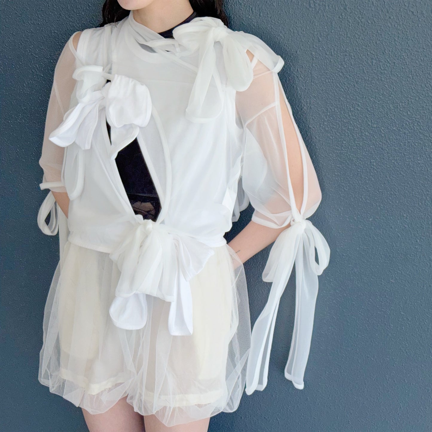 Sheer ribbon top / White / シアーリボントップ