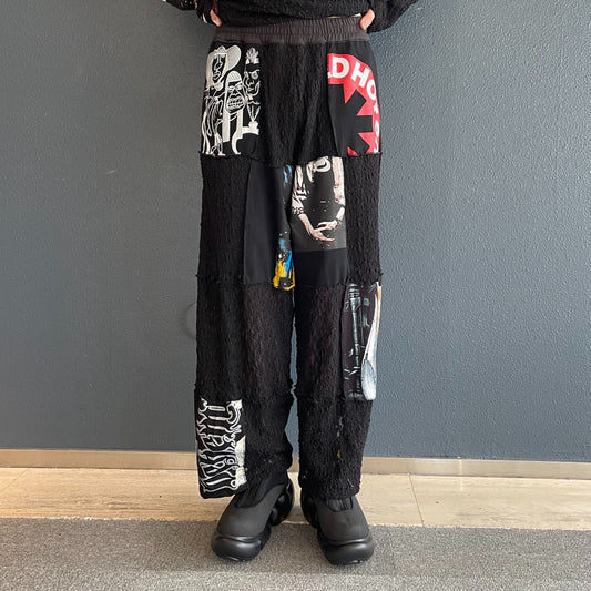 LACE PANTS RE-MAKE FROM USED PUNK TEE AND KIDILL ARCHIVE TEE / BLACK / リメイクレースパンツ