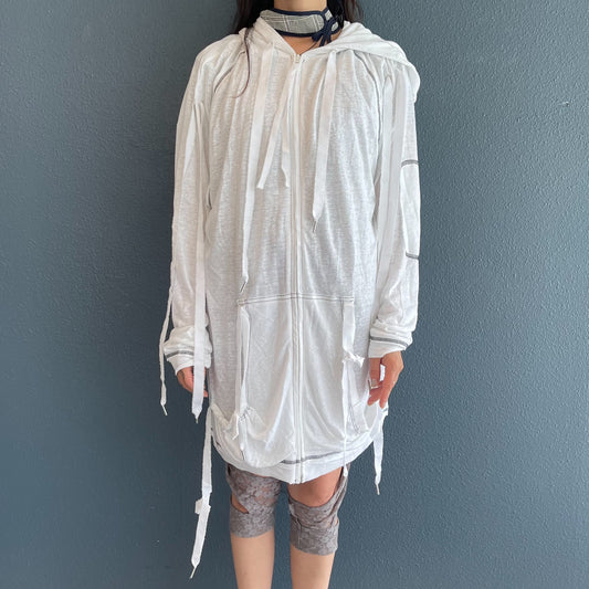 ribbon maxi linen hood / white / リネンパーカ