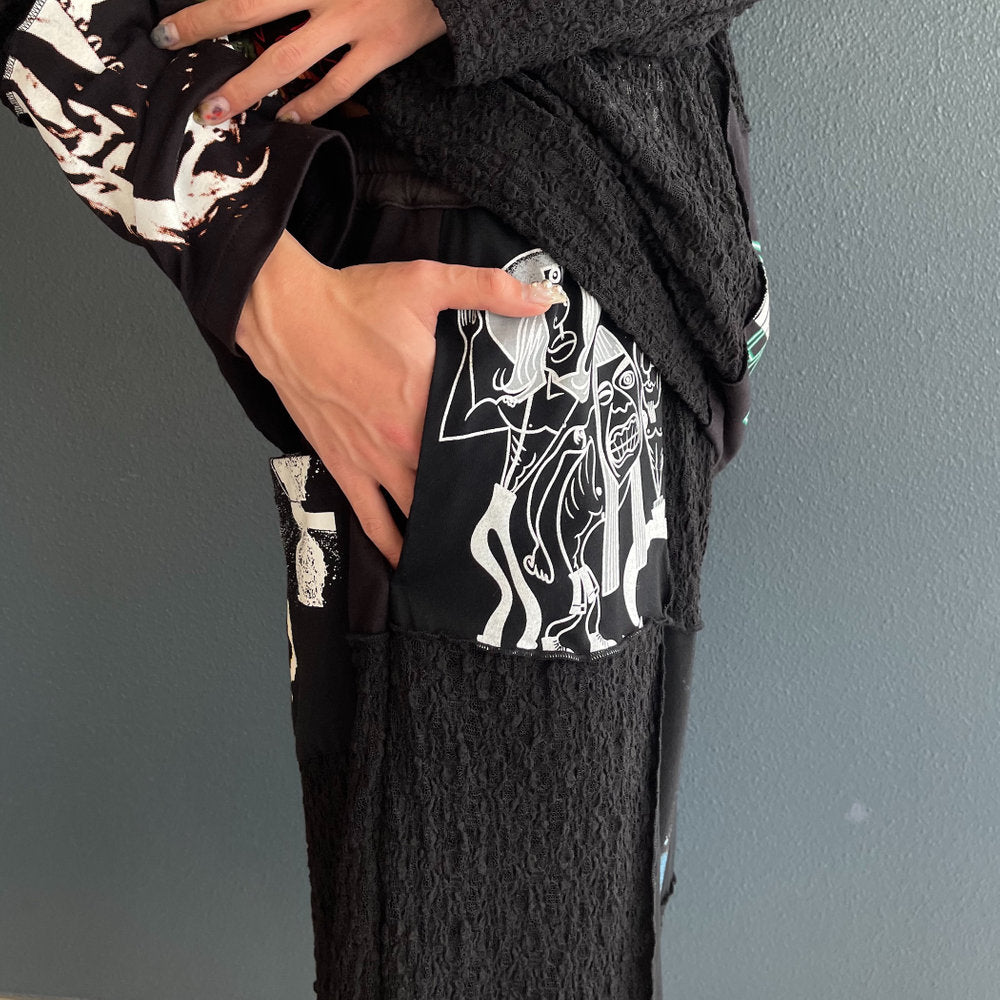 LACE PANTS RE-MAKE FROM USED PUNK TEE AND KIDILL ARCHIVE TEE / BLACK / リメイクレースパンツ