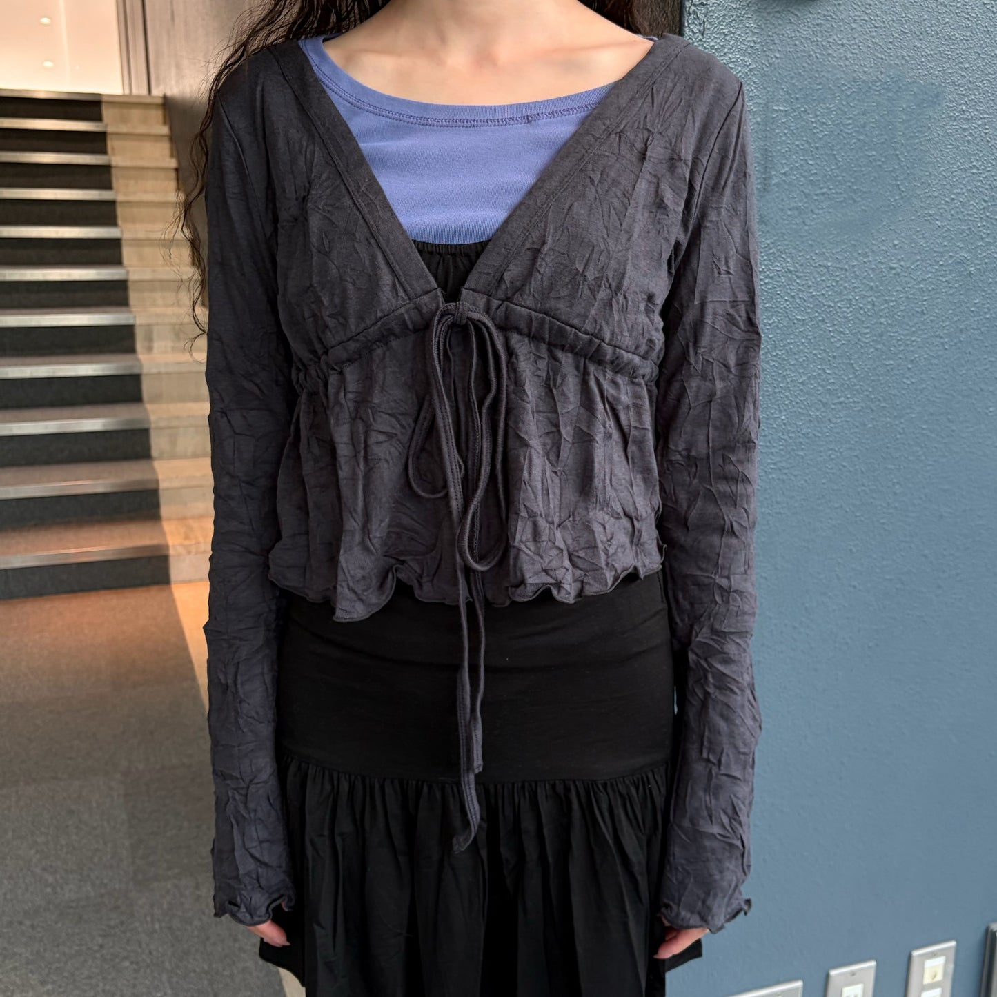 [fe.3] aya cardigan / charcoal / ギャザーカーディガン