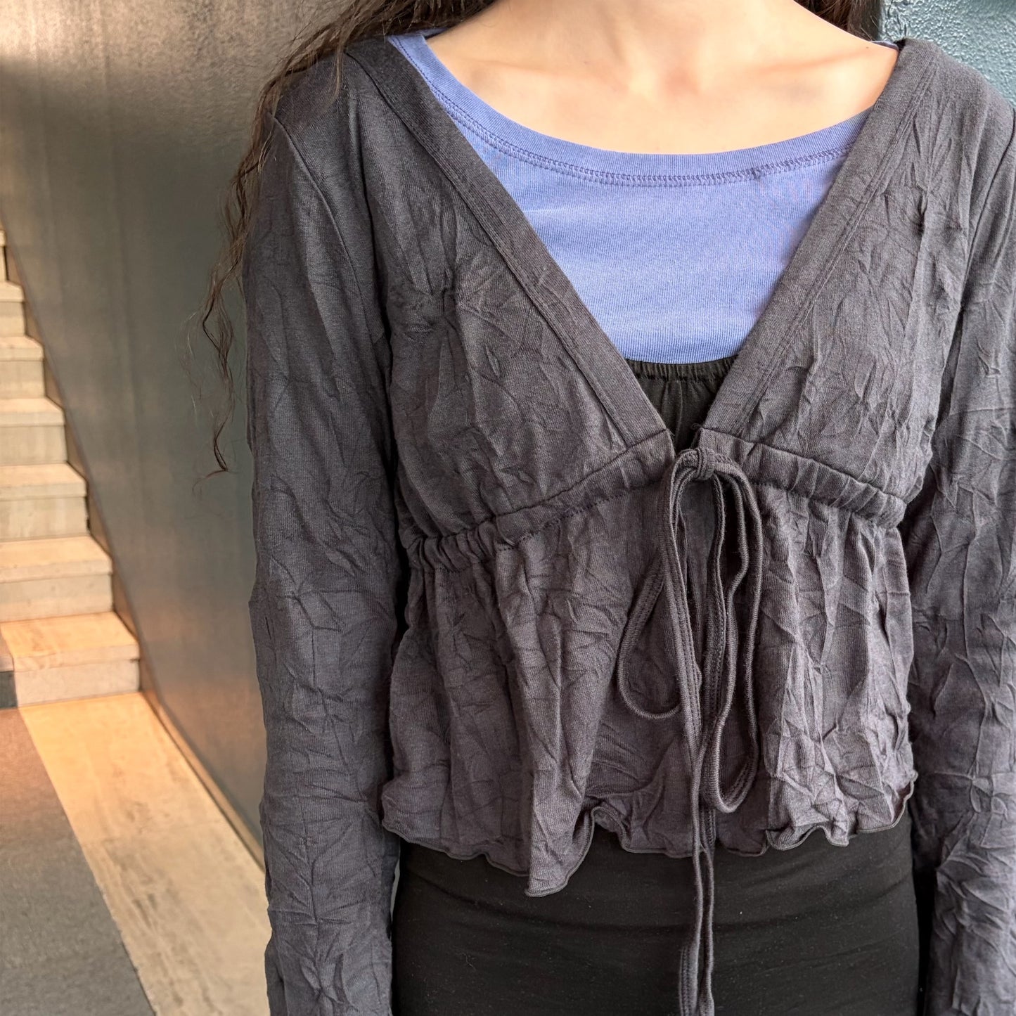 [fe.3] aya cardigan / charcoal / ギャザーカーディガン
