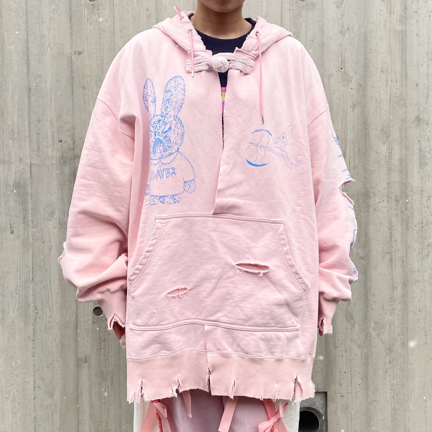 DESTROYED BUNNY HOODIE BIOSTONE WASHED DAMAGE STAIN PROCESSED / PINK / うさ耳フーディー
