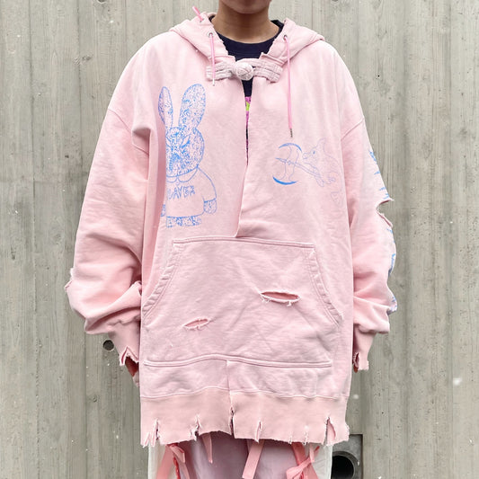 DESTROYED BUNNY HOODIE BIOSTONE WASHED DAMAGE STAIN PROCESSED / PINK / うさ耳フーディー